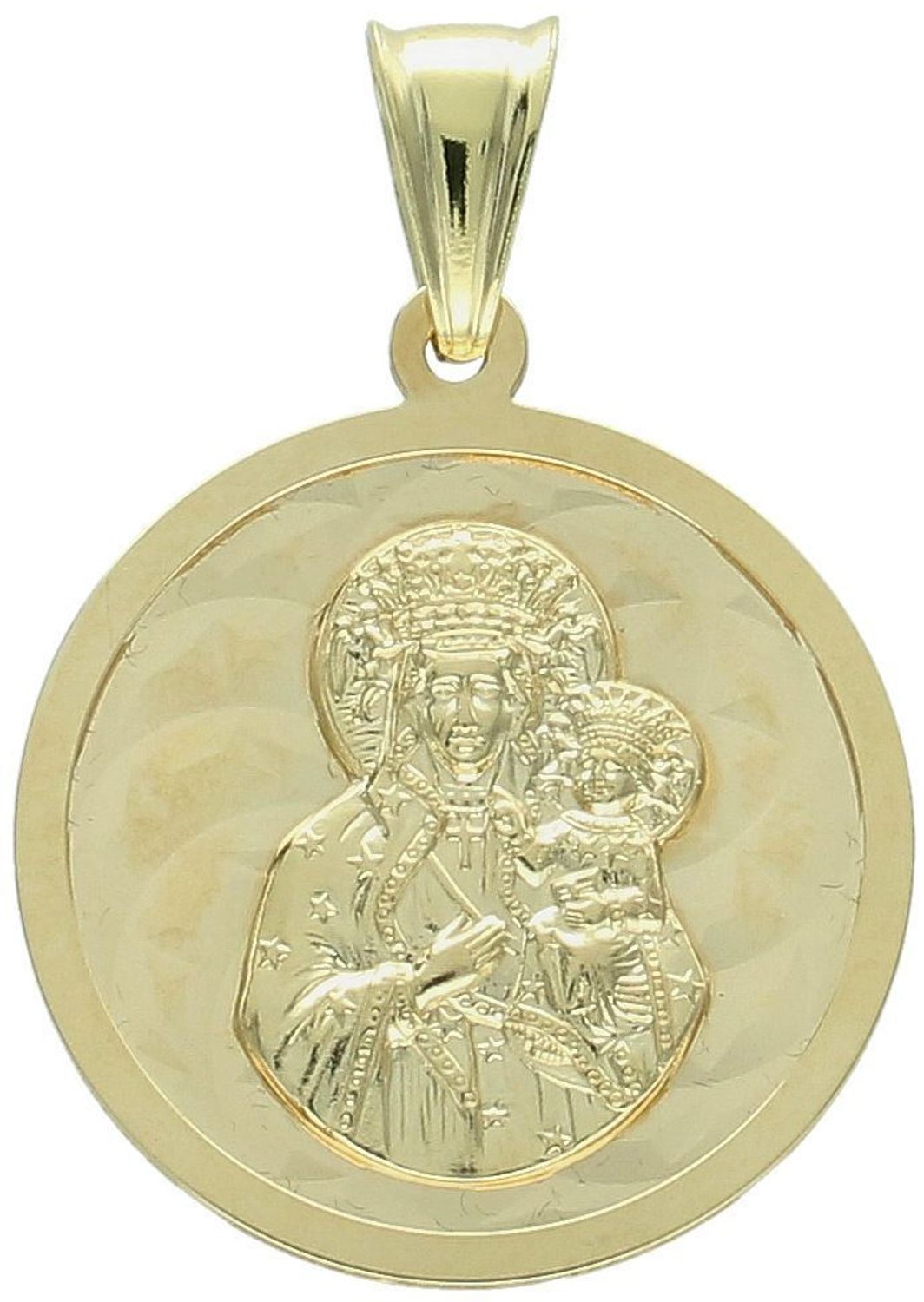 Duży złoty medalik próby 585 z wizerunkiem Matki Boskiej z Dzieciątkiem. Wymiary 2,5 cm, waga 4,81 g. Elegancka, klasyczna zawieszka religijna.1.jpg